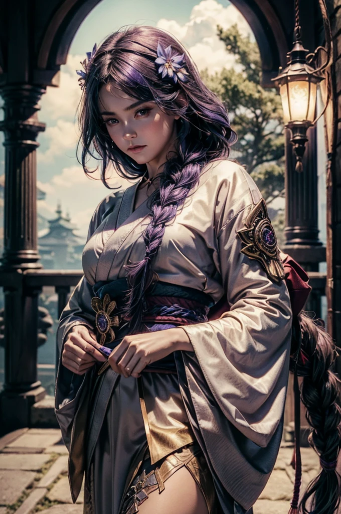 In realistic portrait of high quality and detail, Raiden Shogun (Genshin Impact), movie style, dark and mysterious atmosphere, pale skin, glow, eye shadow, 1girl, thriller fantasy, Depth & Perspective, sadness on her face, an adult girl with long dark hair braided in a braid, her hair has an ombre and its color translates to lilac by the end of the braid. Her head is decorated with a gold hairpin with blue flowers and a fan. Her light-colored kimono-like dress has a short skirt, long tails and long sleeves like furisode's. The back of the floor and the lower part of the sleeve are painted with patterns of various shades of purple and gold.  Unlike her right sleeve, which develops freely, the left one is rolled up and fixed with a braided cord under a black shoulder pad. A wide wine-colored obi belt is tied at the back in a double tatei-musubi knot, resembling a large complex bow tilted to the right, and fastened with a gold fan-shaped decoration with a round purple stone having the Electro symbol. A decorative knot with tassels and a brooch is attached to the purple obi-jime cord tied over the obi. She also wears dark purple stockings up to mid-thigh with a split thumb, which makes them look like traditional Japanese tabi socks. Her shoes are wooden sandals with high heels. There is a decoration with two blue flowers on the right ankle. Mystical powers, fine face, standing in the room, outside, the japanese royal palace on the background, blue sky, white cloud, looking at viewer, (ultra-high detail:1.2), Masterpiece, Best Quality, Ultra-detailed, Cinematic lighting, 8K, delicate features, cinematic, 35 mm lens, f/1.9, highlight lighting, global lighting –uplight –v 4, cinematic, intense gaze, Cinematic lighting, 8K, high quality, Highest Quality, (Solo Focus), (extremly intricate:1.3), (Realistic), dramatic, masterful, Analog style, (Film grain:1.5), (warm hue, cold tone), 