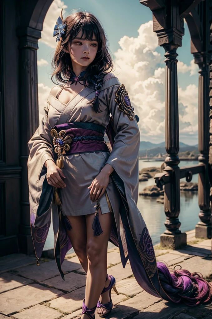 In realistic portrait of high quality and detail, Raiden Shogun (Genshin Impact), movie style, dark and mysterious atmosphere, pale skin, glow, eye shadow, 1girl, thriller fantasy, Depth & Perspective, sadness on her face, an adult girl with long dark hair braided in a braid, her hair has an ombre and its color translates to lilac by the end of the braid. Her head is decorated with a gold hairpin with blue flowers and a fan. Her light-colored kimono-like dress has a short skirt, long tails and long sleeves like furisode's. The back of the floor and the lower part of the sleeve are painted with patterns of various shades of purple and gold.  Unlike her right sleeve, which develops freely, the left one is rolled up and fixed with a braided cord under a black shoulder pad. A wide wine-colored obi belt is tied at the back in a double tatei-musubi knot, resembling a large complex bow tilted to the right, and fastened with a gold fan-shaped decoration with a round purple stone having the Electro symbol. A decorative knot with tassels and a brooch is attached to the purple obi-jime cord tied over the obi. She also wears dark purple stockings up to mid-thigh with a split thumb, which makes them look like traditional Japanese tabi socks. Her shoes are wooden sandals with high heels. There is a decoration with two blue flowers on the right ankle. Mystical powers, fine face, standing in the room, outside, the japanese royal palace on the background, blue sky, white cloud, looking at viewer, (ultra-high detail:1.2), Masterpiece, Best Quality, Ultra-detailed, Cinematic lighting, 8K, delicate features, cinematic, 35 mm lens, f/1.9, highlight lighting, global lighting –uplight –v 4, cinematic, intense gaze, Cinematic lighting, 8K, high quality, Highest Quality, (Solo Focus), (extremly intricate:1.3), (Realistic), dramatic, masterful, Analog style, (Film grain:1.5), (warm hue, cold tone), 