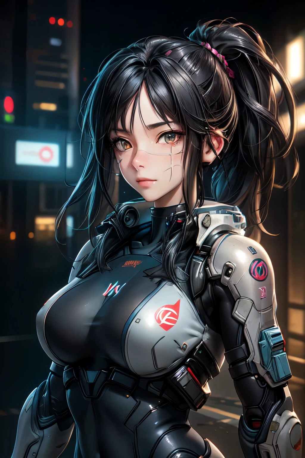 ((best quality)), ((Masterpiece)), (details:1.4), 3d, Image of a beautiful cyberpunk woman., HDR (high dynamic range), mature woman, high ponytail, black hair, future police, PBR surface, After processing, Anisotropic filtration,depth of field, Maximum clarity and clarity, multi-layered surface, perfect proportions, 8K raw files, future world, at night, Scars on the face, futuristic city background,