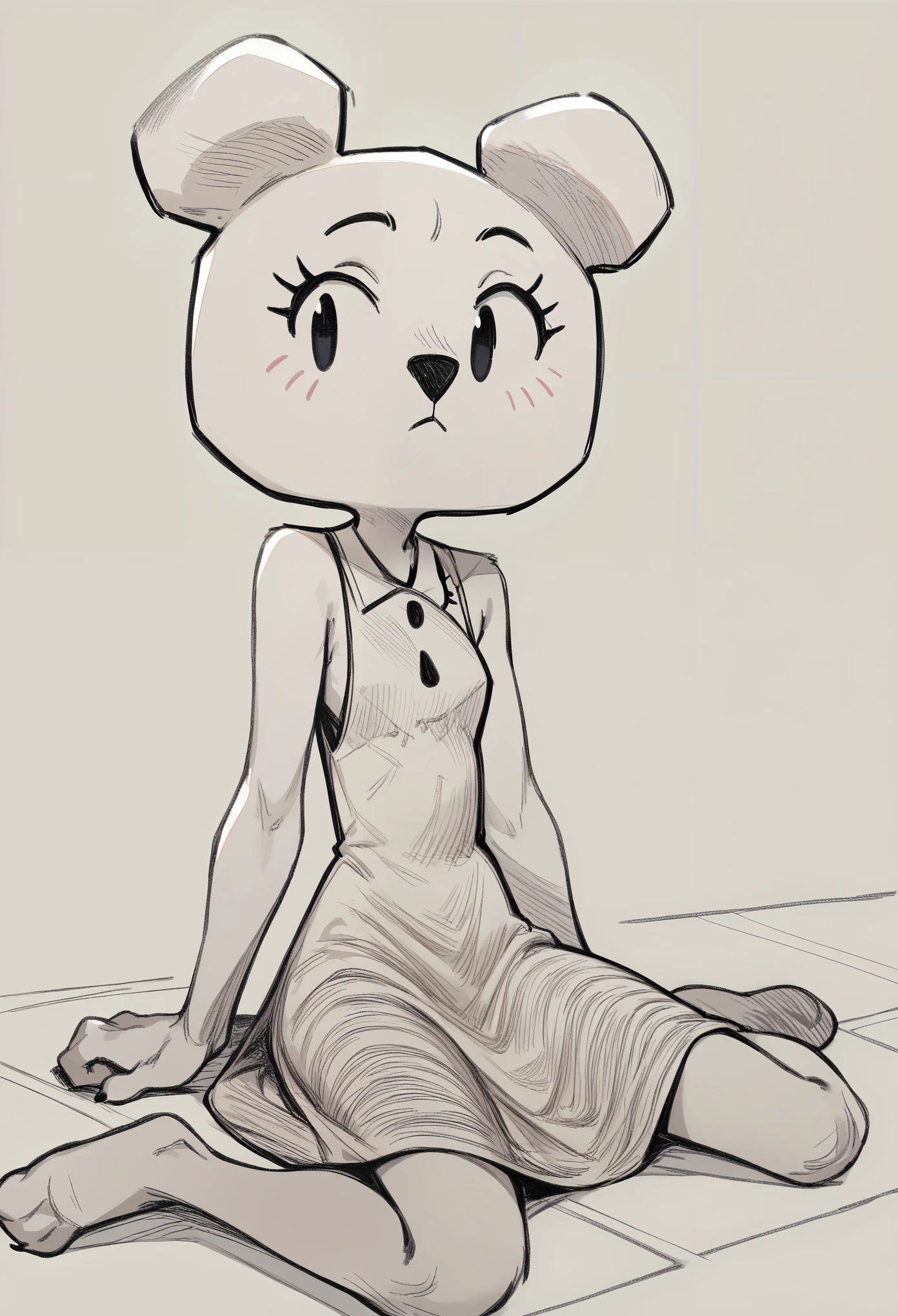 teri \(tawog\), score_9, score_8_up, score_7_up,(8k) (high res) (best quality) (masterpiece) teri, 1girl, sketch, animal ears, black eyes,  :3, furry female, sleeveless dress,  sitting,