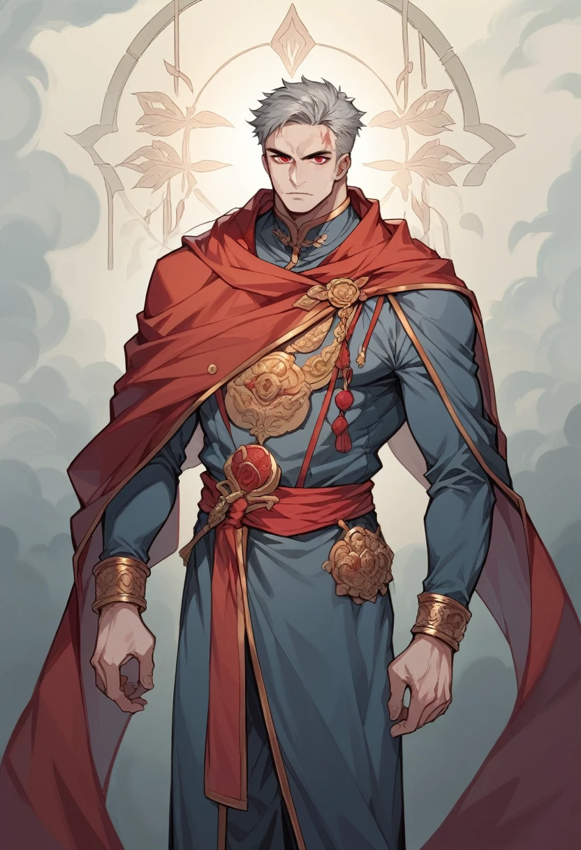 A tall, imposing man dressed in a blood-red mantle adorned with ancient symbols. His pale skin contrasts sharply with his grey hair and intense red eyes. He stands with an air of authority, his presence exuding a cold and calculating demeanor. Surrounding him, an aura of dark energy and faint wisps of blood-red mist