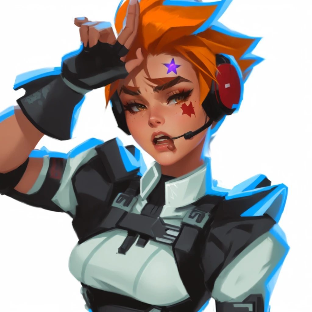 cartoon image of a woman with a red star on her head, heavy gesture style closeup, hero 2 d fanart artsation, unknown artstyle, angry female cyborg, junker queen from overwatch, in style of apex legends, trigger anime artstyle, valkyrie style character, as an overwatch character, cyborg merchant girl, portrait of rung, portrait of jinx from arcane, cleavage 