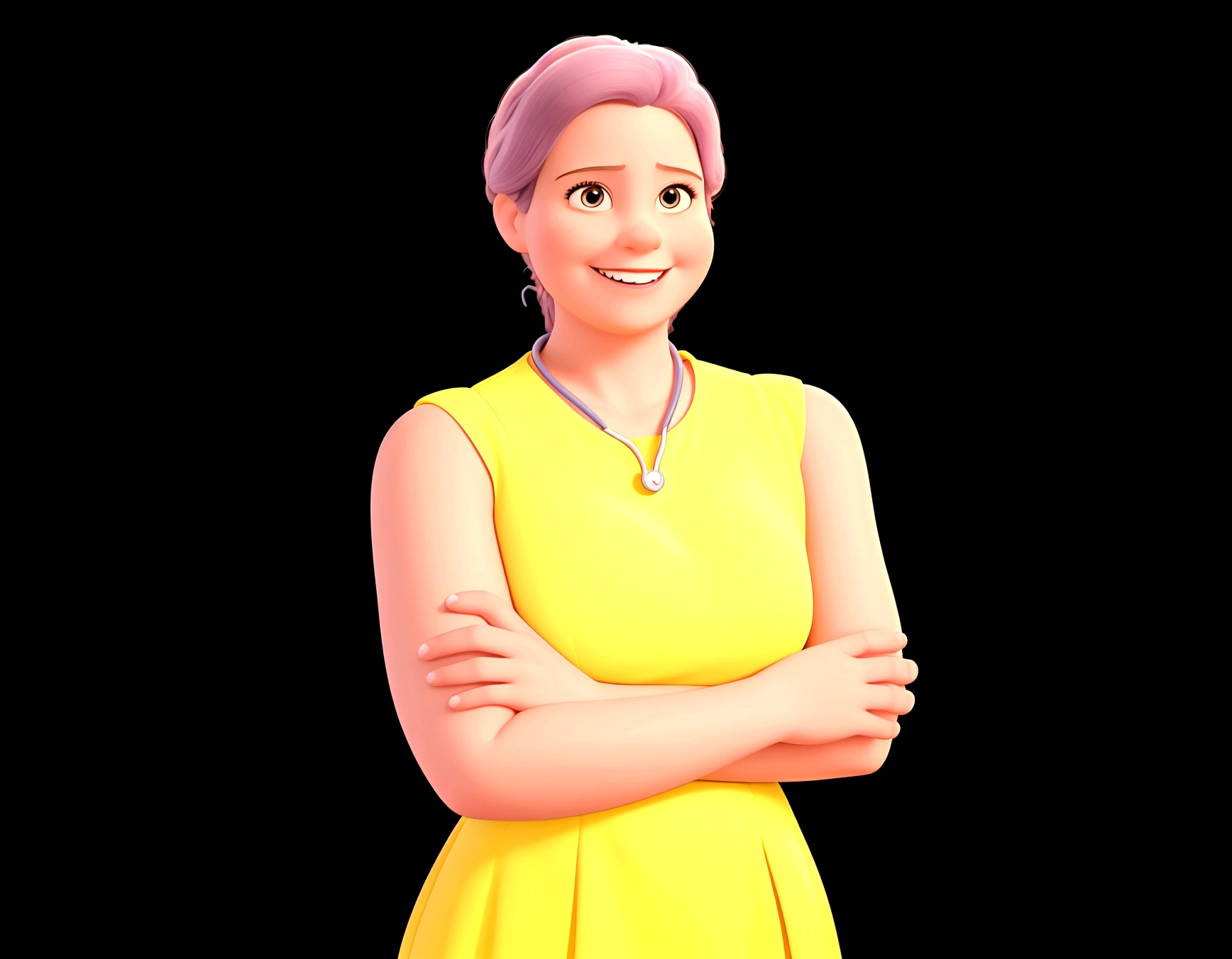 create a Disney poster, taking this photo of the mother, place a stethoscope around her neck, leave it in the background of the pediatric hospital and four children, smiling, of varying sizes around her. make a full body image. Render 3d