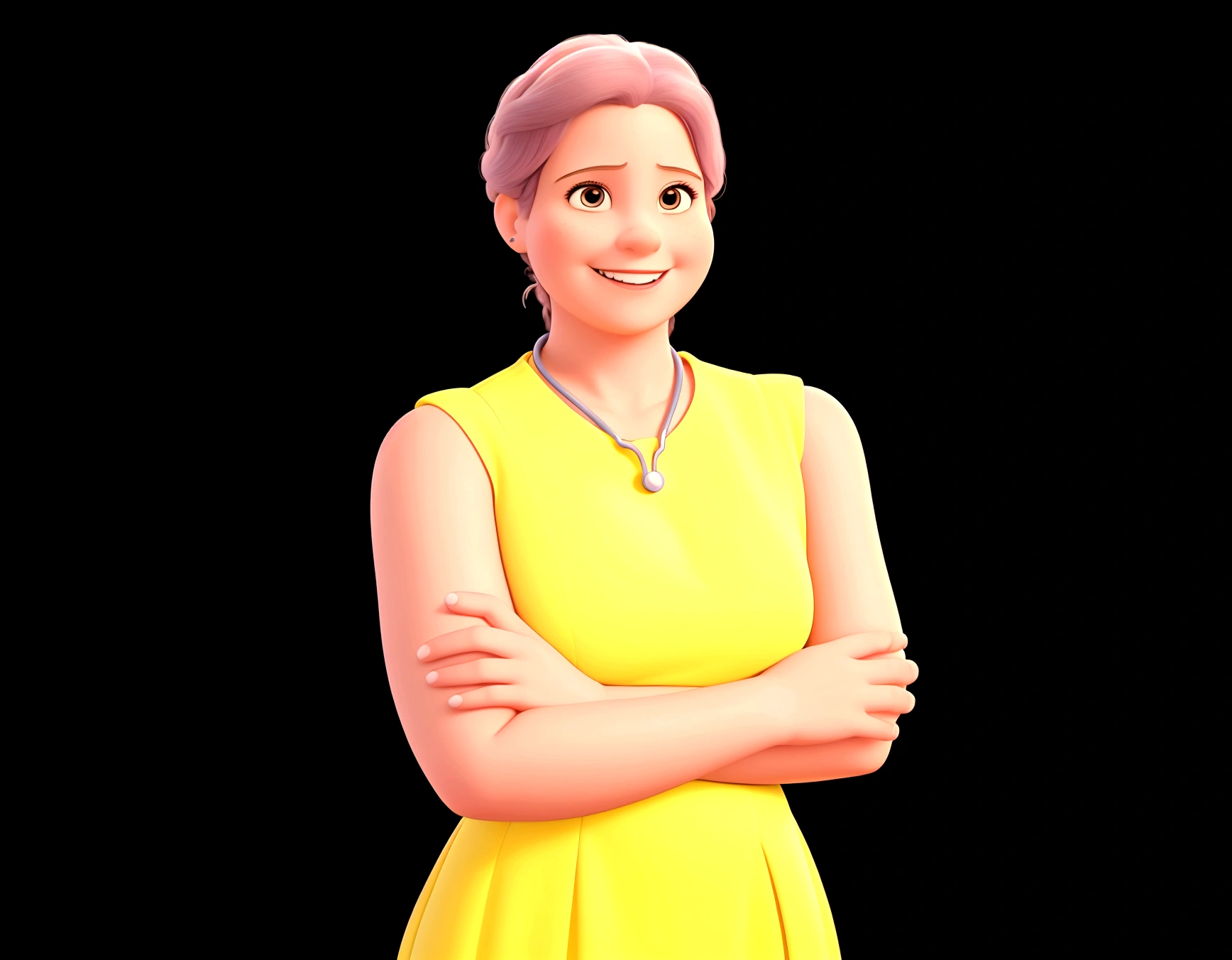 create a Disney poster, taking this photo of the mother, place a stethoscope around her neck, leave it in the background of the pediatric hospital and four children, smiling, of varying sizes around her. make a full body image. Render 3d