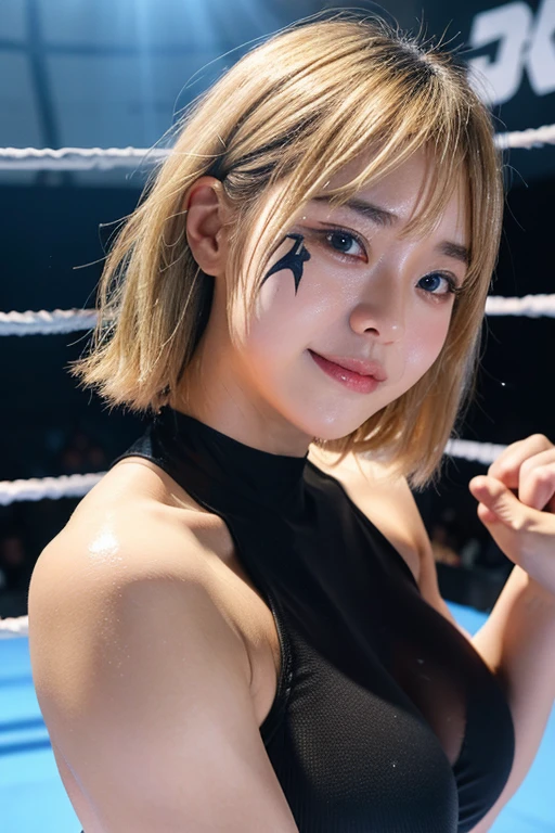 A blonde short-haired busty female wrestler is in the ring、smile、Sunburn、Wrestling Costumes、Black choker、Sweaty hair、Body wet with sweat、face painting、wwe、Diva、Asuka、Iyo Sky、Kairi Sane