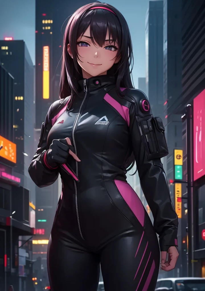 ((Masterpiece, Best Quality, detailed)), 1 girl, alone,
outdoor, evening, urban landscape, portrait, cowboy photography, dark sakura, SMILE, hair band, empty eyes, connection suit, mono, black jumpsuit, the pose, tight skin, lined, cyberpunk, finger in mouth, body marks