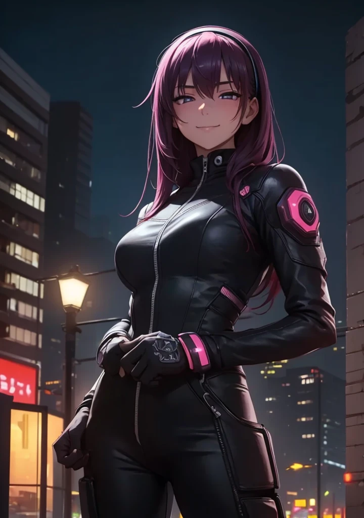 ((Masterpiece, Best Quality, detailed)), 1 girl, alone,
outdoor, evening, urban landscape, portrait, cowboy photography, dark sakura, SMILE, hair band, empty eyes, connection suit, mono, black jumpsuit, the pose, tight skin, lined, cyberpunk, finger in mouth, body marks