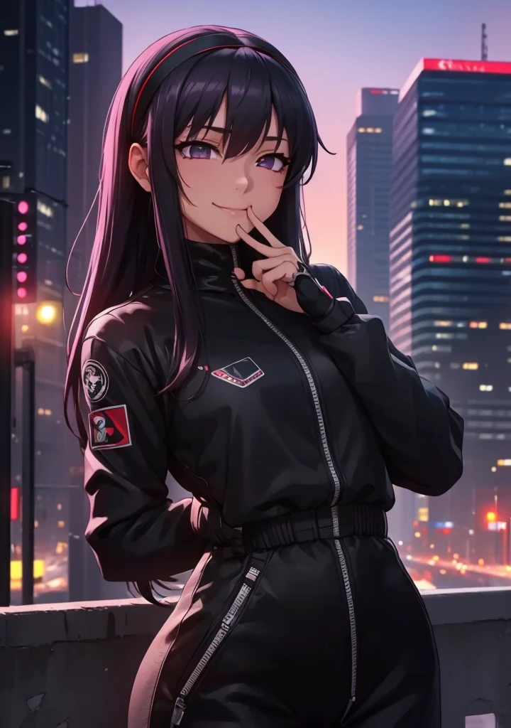 ((Masterpiece, Best Quality, detailed)), 1 girl, alone,
outdoor, evening, urban landscape, portrait, cowboy photography, dark sakura, SMILE, hair band, empty eyes, connection suit, mono, black jumpsuit, the pose, tight skin, lined, cyberpunk, finger in mouth, body marks