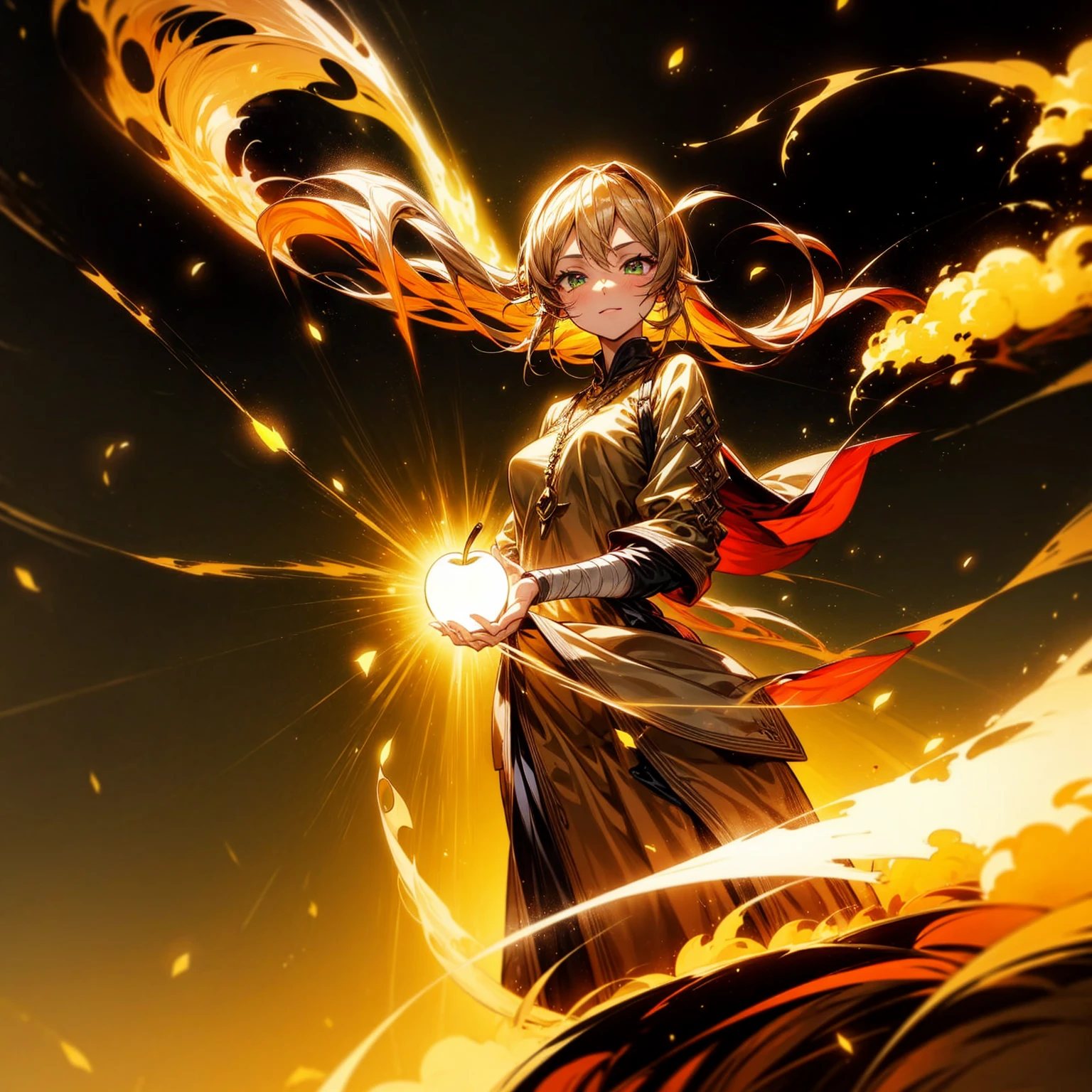 1girl, Full body version, 1character, adult version, green color eyes color, long haircut, brown colour hair, Happy expression, Bandage on his hand, medieval style clothing, gold Apple in hand, background in town, motion blur, aura effect, lighting gold Apple, smoke aura in hand, lighting fire, fire effect, sunlight, Light silhouette, golden light aura, apple emitting smoke aura, (pokemon style art)