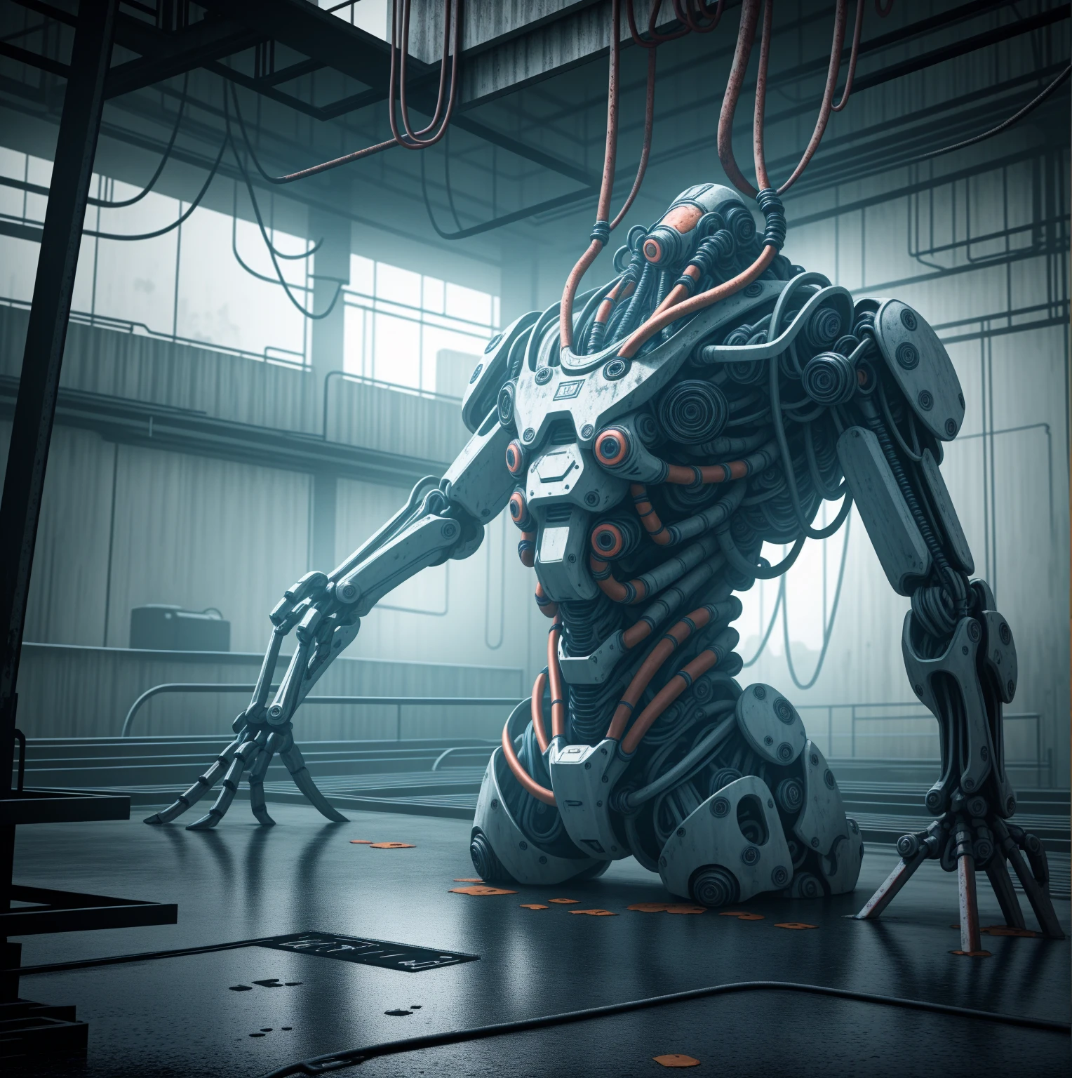 I giant humanoid robot torso, only top half of body, torso attached to a platform on the floor, long mechanical arms, slender robot fingers, rusting, disheveled, wires falling off, robot is falling apart, in the center of a giant chamber, placed above a pool of glowing blue liquid, menacing, intimidating, wires hanging from the robot, body is heavily damaged, covered in rust and dust, attached to a large platform on the floor