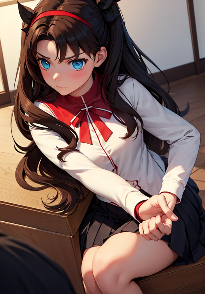 Best Quality, (Masterpiece: 1.2), Very detailed,
inside,
tohsaka rin,
1 girl, alone, sitting, looking at the viewer, Closed mouth, slight smile, slight blush,
long hair, two sides up, Brown hair, blue eyes, hair band,
homurahara academy school uniform