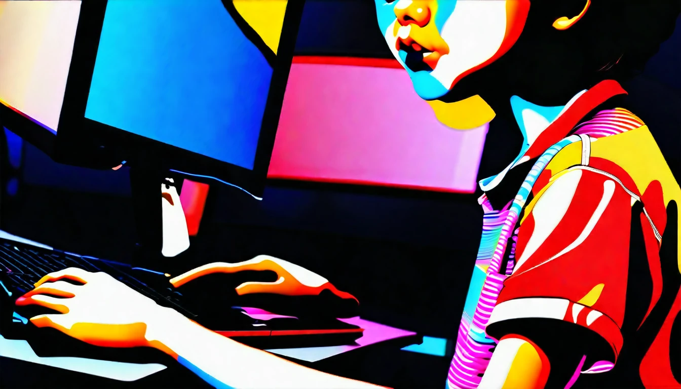 Create an image of a very young photographer who has only a camera and little photography equipment, is working on PC generating images by AI. Your model is a real person. Ratio 16:9