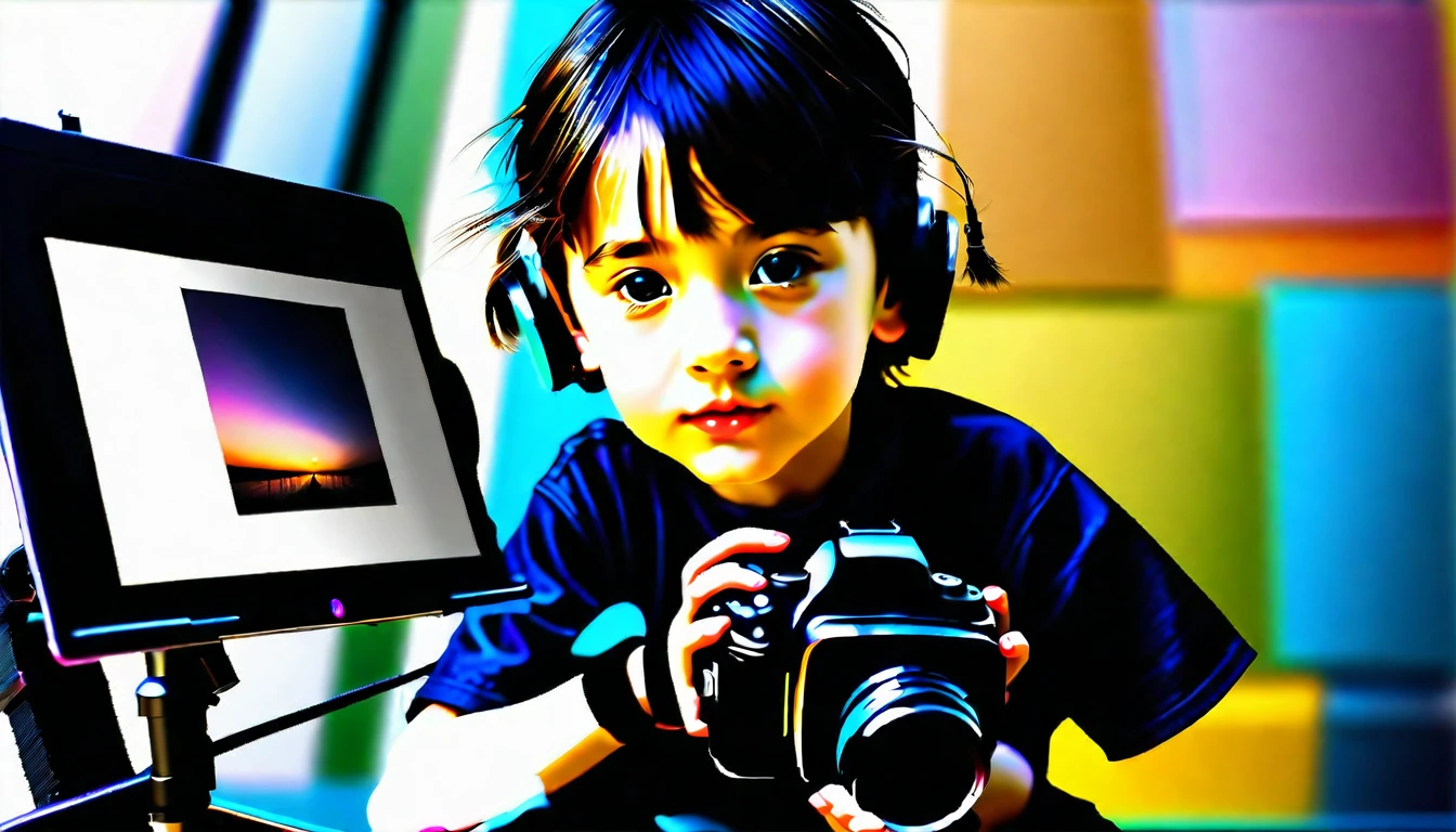 Create an image of a very young photographer who has only a camera and little photography equipment, is working on PC generating images by AI. Your model is a real person. Ratio 16:9
