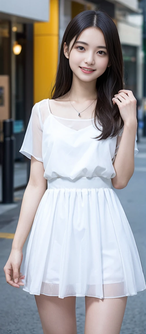 (Highest quality, masterpiece:1.2), Highest quality, Realistic, Neat 、Off-field、(Slime)、Realistic、detailed, Skin Texture, 超detailedな、Delicate and sexy collarbone、Laughter、非常にdetailedな顔、detailedな唇、detailedな目、Small breasts、Small breasts、Small shopping mall、Flat Chest、Face with emphasis on breasts、(( Are standing、 uniform、A sheer white miniskirt dress,))