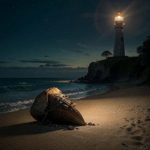 dream image, surrealist, strange, of a lighthouse blowing a sea conch, on the seashore, at night, leading the shipwrecked souls into the sea. Dreamlike, realist, digital art, night scene, Mysterious, enigmatic, Sinister,