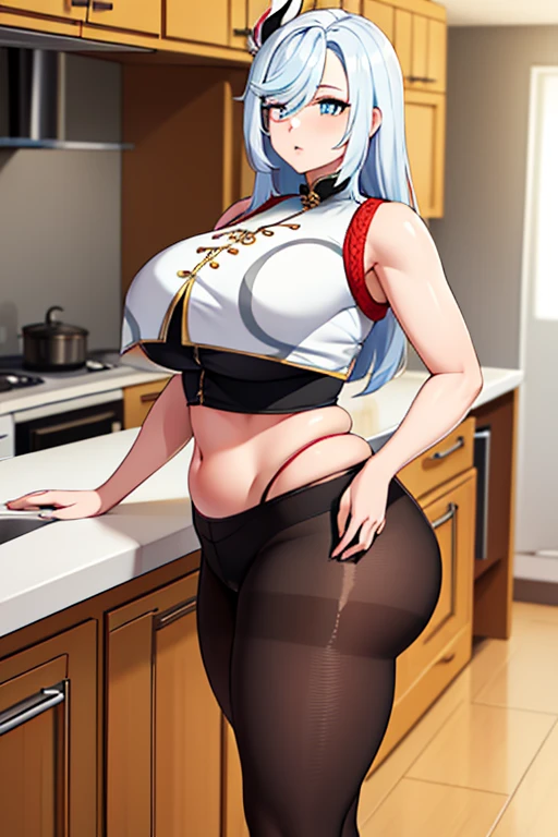Super-detailed, 8k HD, Shenhe (Genshin Impact), 1 girl, solo, long white hair, detailed hand and face, busty body, curvy body, big breast, large butt, thick thighs, crop top, pantyhose, standing at the kitchen counter