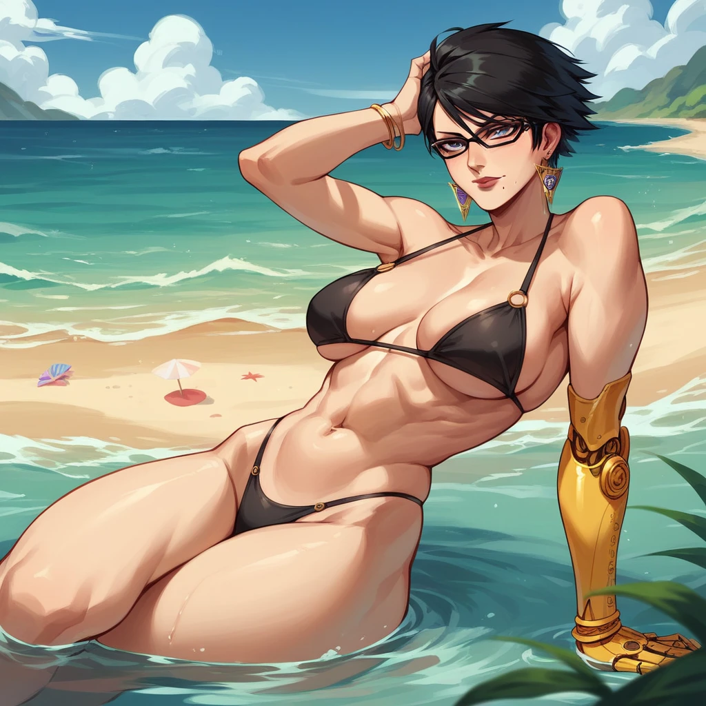 rating explicit, tall beautyfull woman, bayonetta shape, golden robotic arms, short hair, golden earring, black bikini, golden bracelet, sit in water, in beach, slender body, natural body, milf