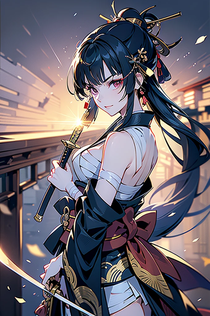 ((roll up bandage sideways on a chest tightly to cover the chest without gaps)), flat chest,Japanese Gangster BOSS, adult woman with the dignified presence, Killing Qi, don't wear around shoulder, don't wear around neck,wear the kimono from the waist down, ((kimono come off)) ,wear the kimono multiple times, Bare shoulders and the clavicle, black and gold kimono, put on over jacket of kimono, (holding a japanese sword which shine in purple, The handole of the sword is black, and the blade is gray, long sword), eye fire, low angle, whole body, bandage is seen, anime character, Glaring, off sholder, nappropriate smile, Excellent, black blue hair, can see both shoulder, long hem