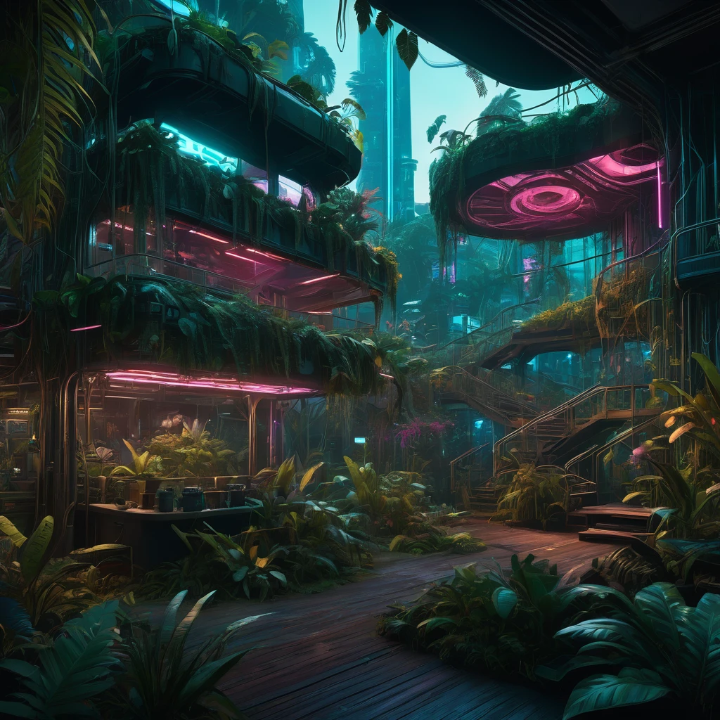 A highly detailed cyberpunk-styled genetic engineering masterpiece, hyper-realistic 8K, anamorphic perspective, dense lush jungle foliage, exotic flora and fauna, intricate organic structures, glowing bioluminescent elements, neon underlighting, complex layered composition, cinematic lighting, moody desaturated color palette