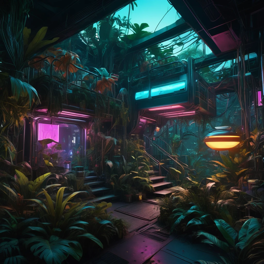 A highly detailed cyberpunk-styled genetic engineering masterpiece, hyper-realistic 8K, anamorphic perspective, dense lush jungle foliage, exotic flora and fauna, intricate organic structures, glowing bioluminescent elements, neon underlighting, complex layered composition, cinematic lighting, moody desaturated color palette