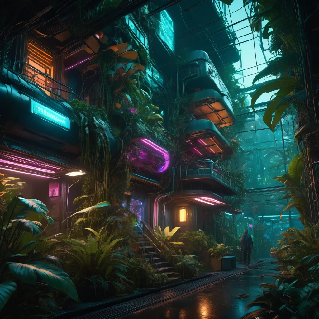 A highly detailed cyberpunk-styled genetic engineering masterpiece, hyper-realistic 8K, anamorphic perspective, dense lush jungle foliage, exotic flora and fauna, intricate organic structures, glowing bioluminescent elements, neon underlighting, complex layered composition, cinematic lighting, moody desaturated color palette