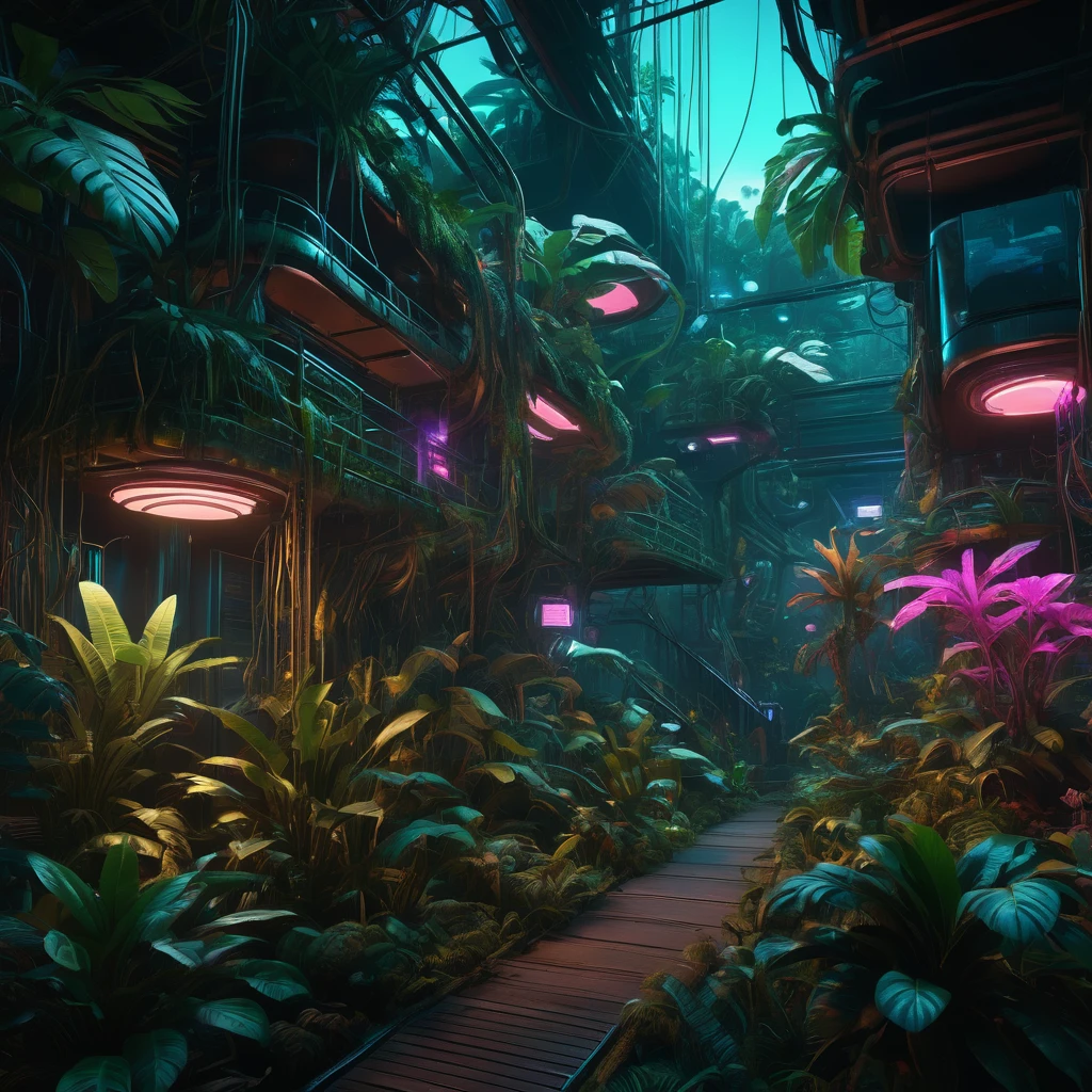 A highly detailed cyberpunk-styled genetic engineering masterpiece, hyper-realistic 8K, anamorphic perspective, dense lush jungle foliage, exotic flora and fauna, intricate organic structures, glowing bioluminescent elements, neon underlighting, complex layered composition, cinematic lighting, moody desaturated color palette