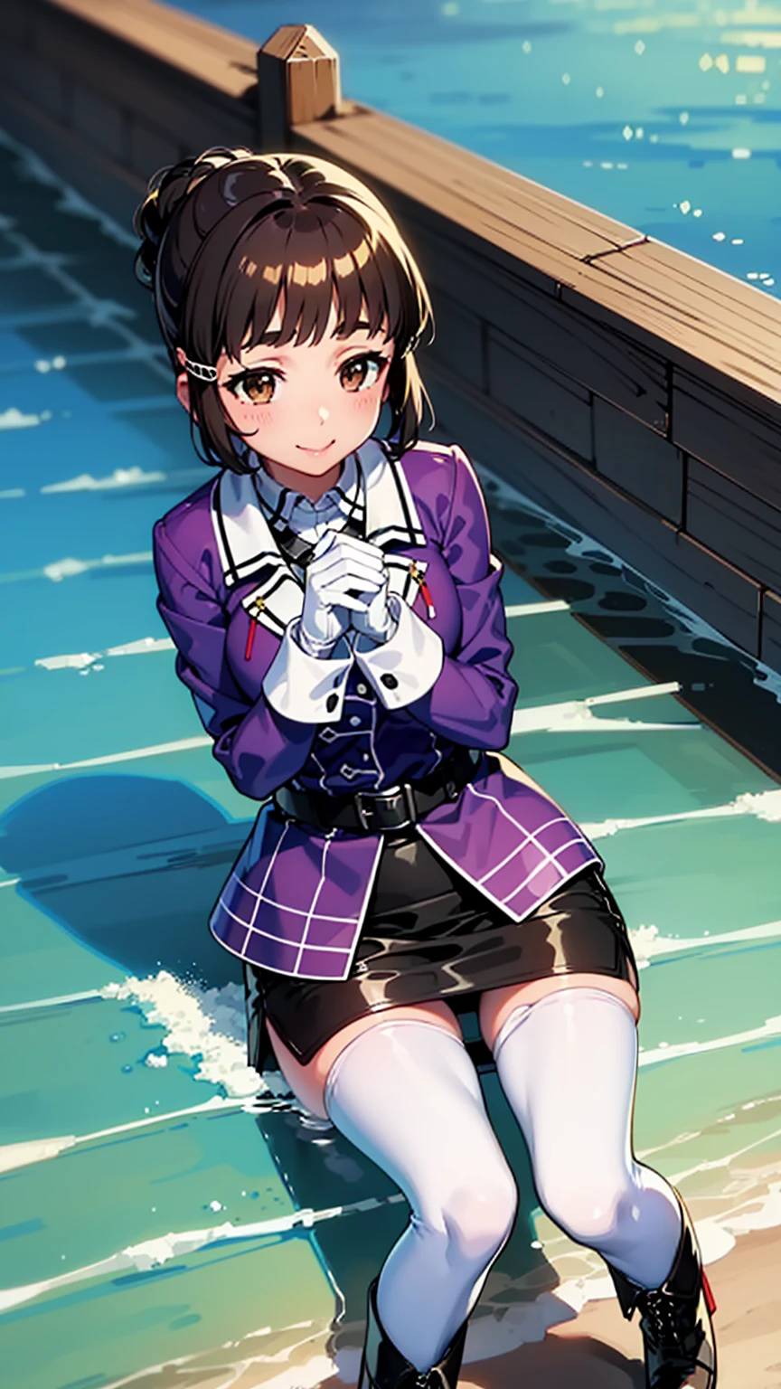 scratch \(Kantai Collection\), Long Hair, Brown Hair, Brown eyes, hair ornaments, clothing : uniform, Purple Jacket, Black tie, White gloves, Black belt, Black Skirt, mini skirt, Pencil Skirt, White Pantyhose, Gray shoes, High heels,
Blake Smile, shy, Blushing your nose, (Heart Hands, Put your own hands together:1)
destroy a masterpiece, Highest quality, High resolution, 8K, Official Art, Very detailedな, Super Resolution, Very detailed and beautiful, Very detailed, Amazing detail, Very detailed美しい女の子, Very detailed顔, Very detailed目, Very detailed肌, Very detailed指, Very detailed鼻, Very knowledgeable mouth, Perfect anatomy break full body shot, Opposition, On the Sea, On the water, bright, scenery, Very detailed CG unity 16k, Highly detailed 16K CG wallpaper,(Spread your legs),(Panty shot)