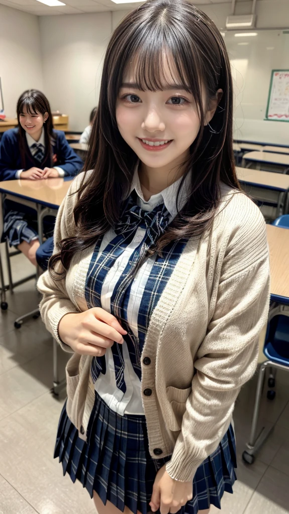 ((Highest quality、RAW Photos、、Best image quality))、(high school girl:1.5)、((Uniform white shirt、Ribbon on chest、Checkered Pleated Skirt))、The happiest smile、The best smile、Smiling with teeth showing、Look at me、(Wavy Hair)、The background is a school classroom、lipstick、Perfect Makeup、Accentuate your body lines、Cleavage、(Accurate anatomy:1.3)、(Perfect Hair:1.2)、(exact cardigan:1.3)