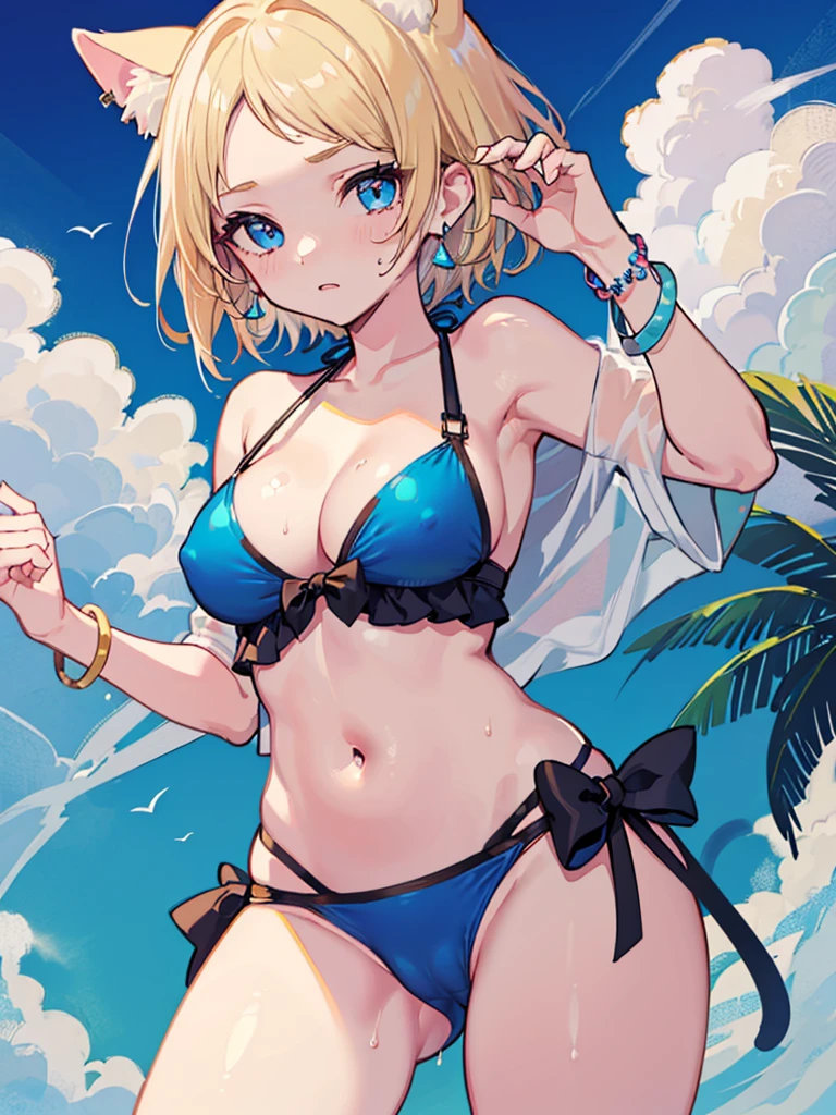 ((1girl)), (close up), sweaty, solo, high quality, blonde hair, ((forehead)), (short hair), blue eyes, medium breast, (((bikini))), (straps:1.2), plants, blue sky, (cameltoe:1.2), (big nipples:0.9), (thick thighs), sky, clouds, cat ears, blue flowers, jewelry, earrings, bracelets,