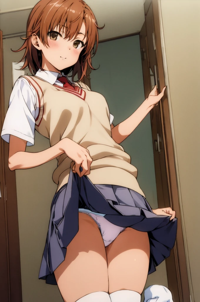masterpiece, best quality, highres, 1girl, , misaka mikoto tokiwadai ,white shirts,vest,miniskirt,loose socks,looking viewer,(((lift skirt,panties)))