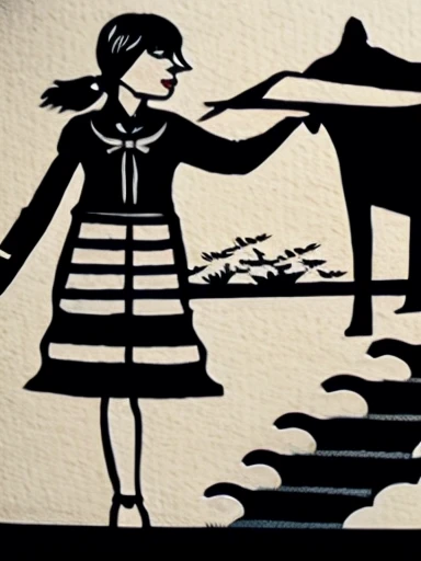 Paper doll shadow puppet pinstripe paper cut collage asoue dark gothic girl with long black hair