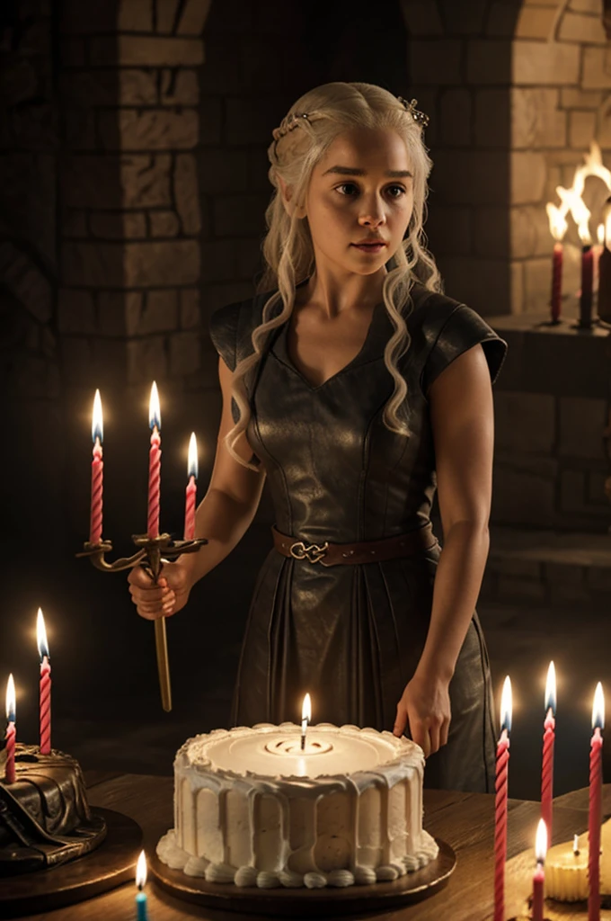 Daenerys Targaryen alone blowing out the candles on a birthday cake