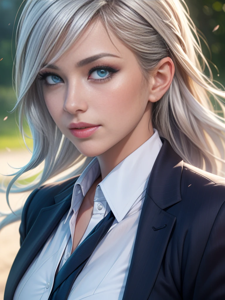 (Best quality,ultra detailed,Photorealistic:1.37),bright and rich colors, studio lighting, playful facial expression, stylish makeup ,( business jacket )  ,Silver hair flutters in the wind, inviting eyes, glossy lips, sexy pose, ,posing for a professional photo shoot ,shallow depth of field, highlighting the main subject, soft natural light ,Creating a dreamy and magical atmosphere.   ((Very  )),weak unhealthy ,(((Very тонкий))) excited