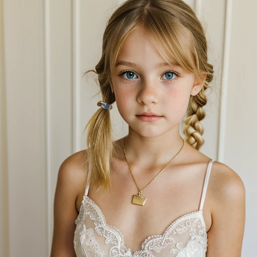  face girl with medium length blonde hair, children's pigtails hair, hair ribbon, Caucasian female facial structure, happy expression, golden necklace, she wearing a lace tight children's dress, visible nipples, marked nipples, she in a children's room,