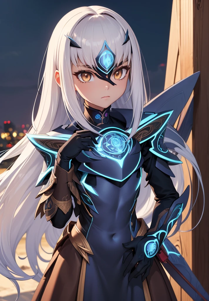 Melusina, Melusina, (Brown eyes:1.5), long hair, White hair, side locks, (small chest:1.2),
Armor BREAK, dress blindado, dress negro, gloves negros, blue armor, dress azul, peto, dress, sashes, gloves, mask, shoulder pads, dress corto, shoulder armor,
REST looking at the viewer,
REST outdoors,
BREAK (Masterpiece:1.2), Best Quality, high resolution, unity 8k wallpaper, (illustration:0.8), (Beautiful detailed eyes:1.6), extremely detailed face, perfect lighting, Extremely detailed CG, (perfect hands, perfect anatomy),