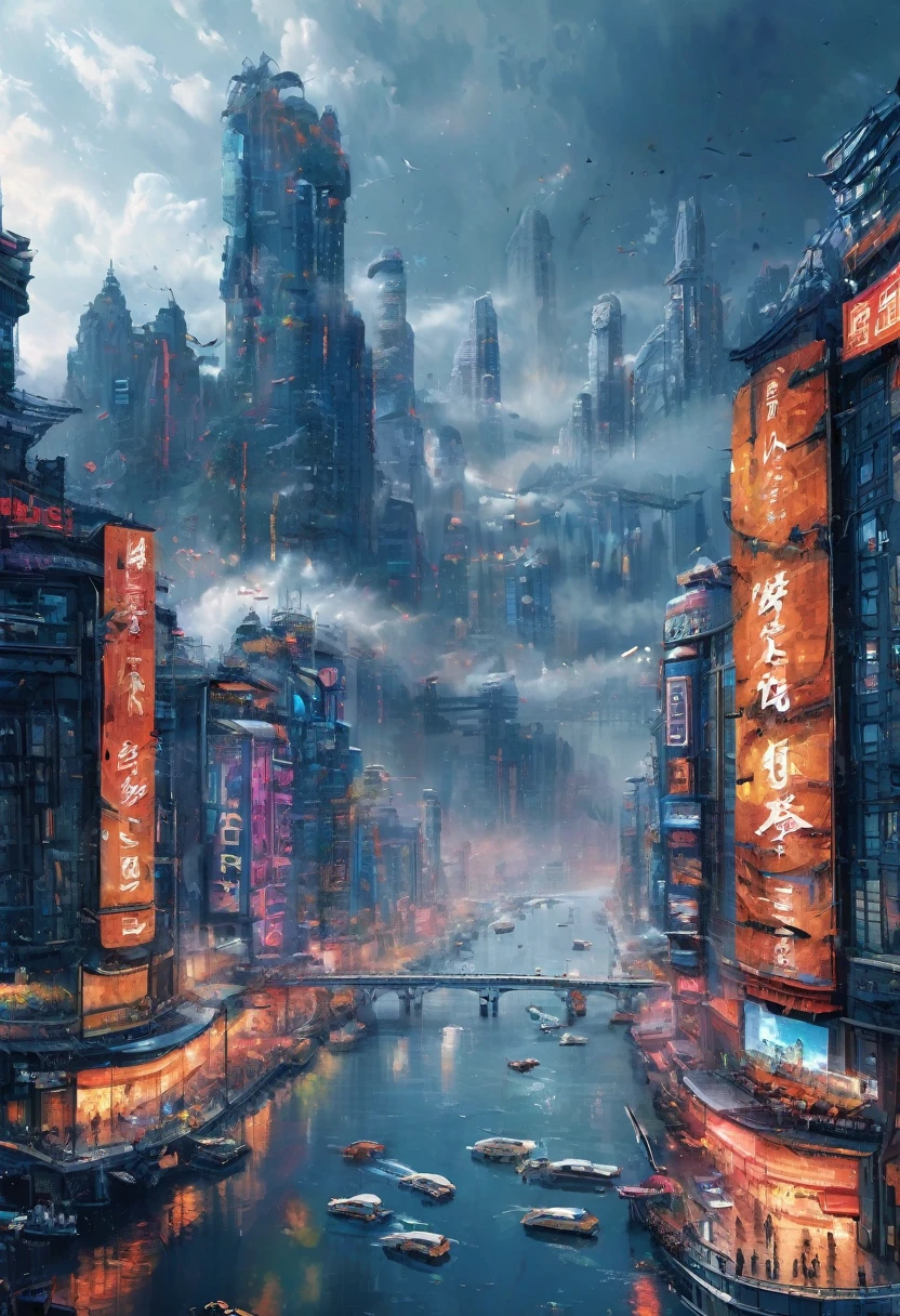 (Masterpiece, 8K, UHD, high resolution: 1.4), panoramic view of a nighttime metropolis, (illuminated by vibrant neon lights: 1.3), (retro-futuristic skyscrapers: 1.2), (flying vehicles traversing the sky: 1.3), (smoke and advertising holograms around: 1.2), (background with dark and starry sky: 1.1), (high-tech and dystopian atmosphere: 1.3), (busy and lively streets: 1.2), (realistic and intricate details: 1.3), (elements of fantasy and science fiction: 1.2), (dynamic and immersive perspective: 1.3)