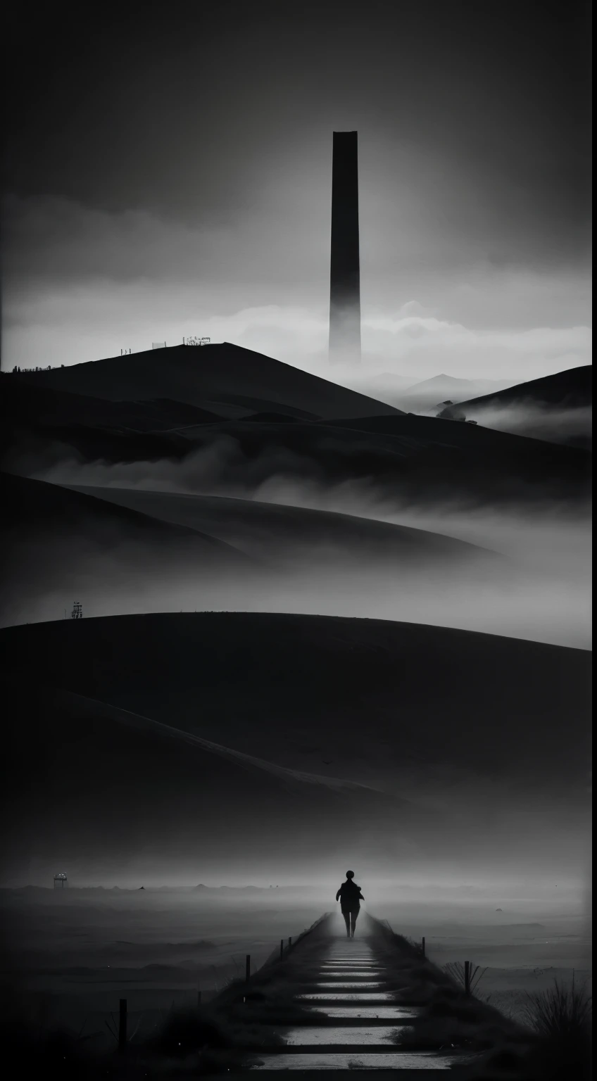Sleepwalking Dream Core，Minimalist black and white poster，Abstract Art，Apocalyptic foggy landscape，Award-winning works，Award-winning