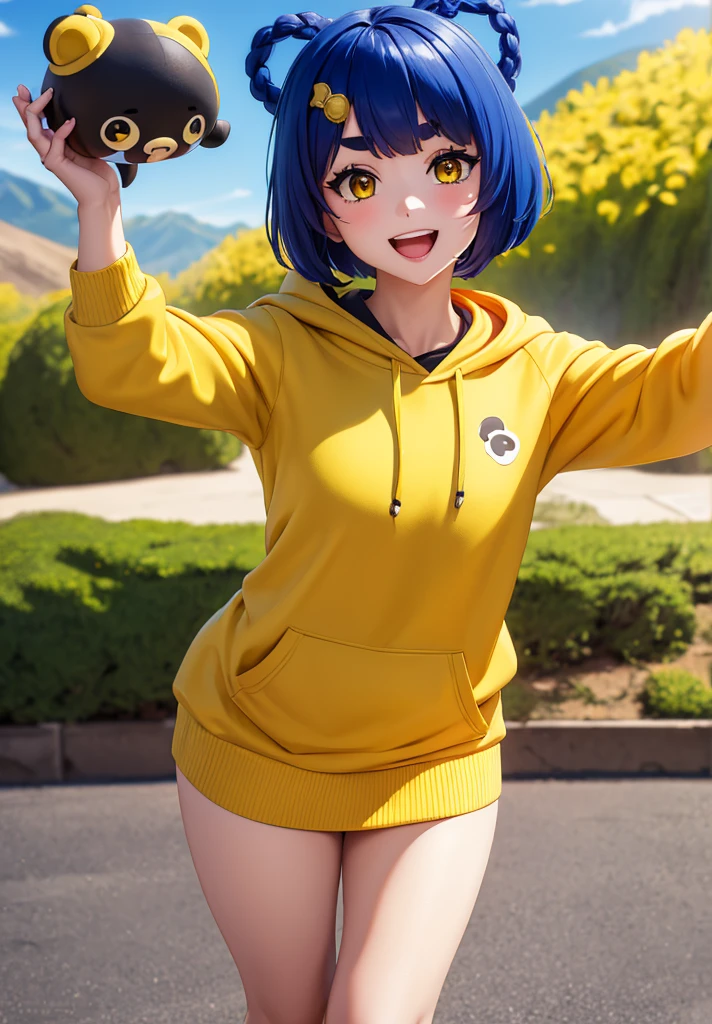 Masterpiece, Best Quality, 1 girl, Xiangling (genshin impact), selfie, SMILE, hair ornament, IN, looking at the viewer, yellow eyes, short hair, :d, fringe, hair pin, Open mouth, long sleeves, thick eyebrows, Hoodie, >_<, blue hair, puesta de sun, Casual, blurred, Arm raised, fringe romo, Upper part of the body, suno, disfraz alternatiINo, sun, reaching the viewer, Xd, sweater, outdoor, braid, panda, mountain, depth of field, sky