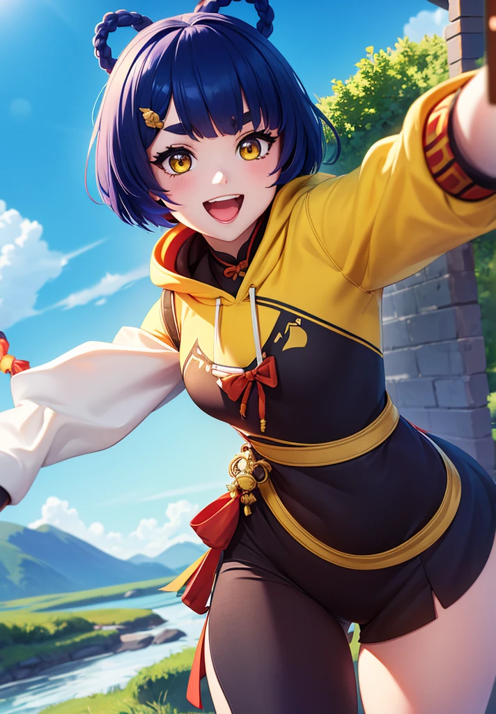 Masterpiece, Best Quality, 1 girl, Xiangling (genshin impact), selfie, SMILE, hair ornament, IN, looking at the viewer, yellow eyes, short hair, :d, fringe, hair pin, Open mouth, long sleeves, thick eyebrows, Hoodie, >_<, blue hair, puesta de sun, Casual, blurred, Arm raised, fringe romo, Upper part of the body, suno, disfraz alternatiINo, sun, reaching the viewer, Xd, sweater, outdoor, braid, panda, mountain, depth of field, sky