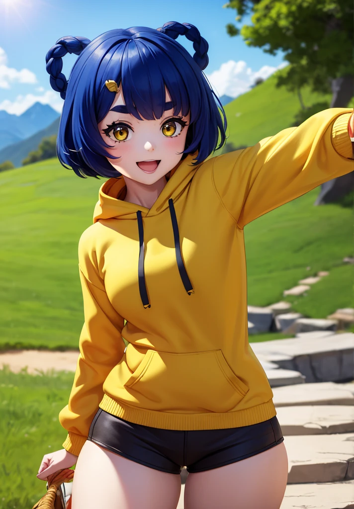 Masterpiece, Best Quality, 1 girl, Xiangling (genshin impact), selfie, SMILE, hair ornament, IN, looking at the viewer, yellow eyes, short hair, :d, fringe, hair pin, Open mouth, long sleeves, thick eyebrows, Hoodie, >_<, blue hair, puesta de sun, Casual, blurred, Arm raised, fringe romo, Upper part of the body, suno, disfraz alternatiINo, sun, reaching the viewer, Xd, sweater, outdoor, braid, panda, mountain, depth of field, sky