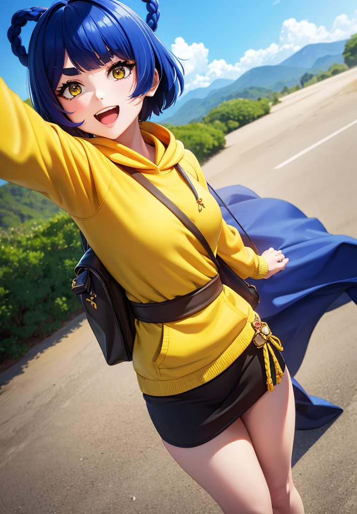 Masterpiece, Best Quality, 1 girl, Xiangling (genshin impact), selfie, SMILE, hair ornament, IN, looking at the viewer, yellow eyes, short hair, :d, fringe, hair pin, Open mouth, long sleeves, thick eyebrows, Hoodie, >_<, blue hair, puesta de sun, Casual, blurred, Arm raised, fringe romo, Upper part of the body, suno, disfraz alternatiINo, sun, reaching the viewer, Xd, sweater, outdoor, braid, panda, mountain, depth of field, sky