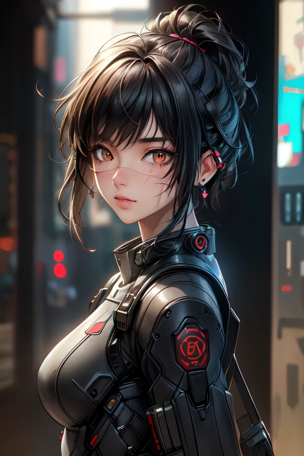 ((best quality)), ((Masterpiece)), (details:1.4), 3d, Image of a beautiful cyberpunk woman., HDR (high dynamic range), mature woman, short hair, black hair, earring, future police, PBR surface, After processing, Anisotropic filtration,depth of field, Maximum clarity and clarity, multi-layered surface, perfect proportions, 8K raw files, future world, at night, Scars on the face, futuristic city background,