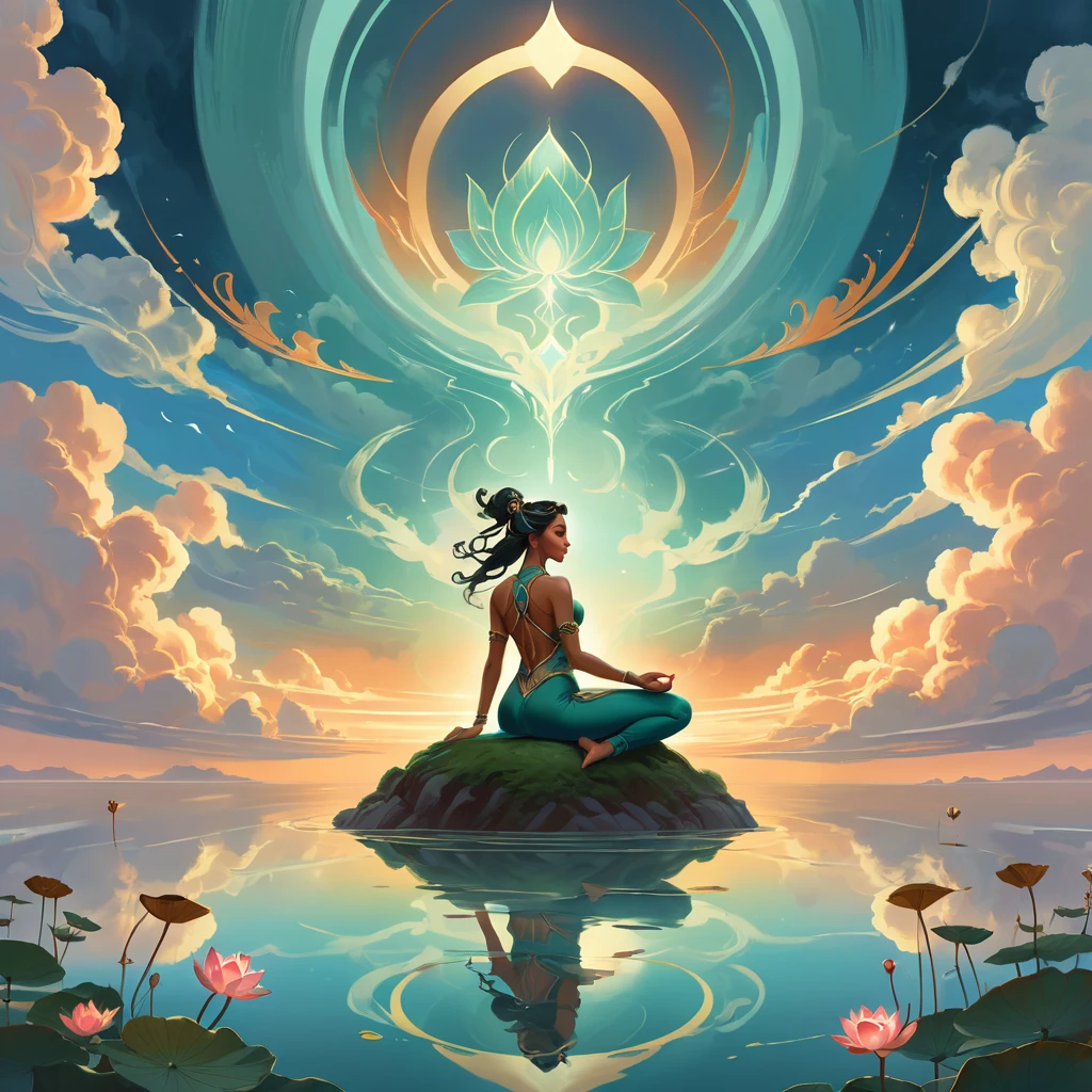 painting of a woman sitting in a lotus position in the clouds, vector graphics, strong contours, inspired by Peter Mohrbacher, peter mohrbacher style, peter mohrbacher digital art, in the art style of mohrbacher, in style of peter mohrbacher, peter mohrbacher. unreal engine, surreal concept art, peter mohrbacher artstyle, style of peter mohrbacher