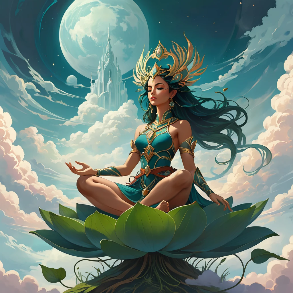 painting of a woman sitting in a lotus position in the clouds, vector graphics, strong contours, inspired by Peter Mohrbacher, peter mohrbacher style, peter mohrbacher digital art, in the art style of mohrbacher, in style of peter mohrbacher, peter mohrbacher. unreal engine, surreal concept art, peter mohrbacher artstyle, style of peter mohrbacher