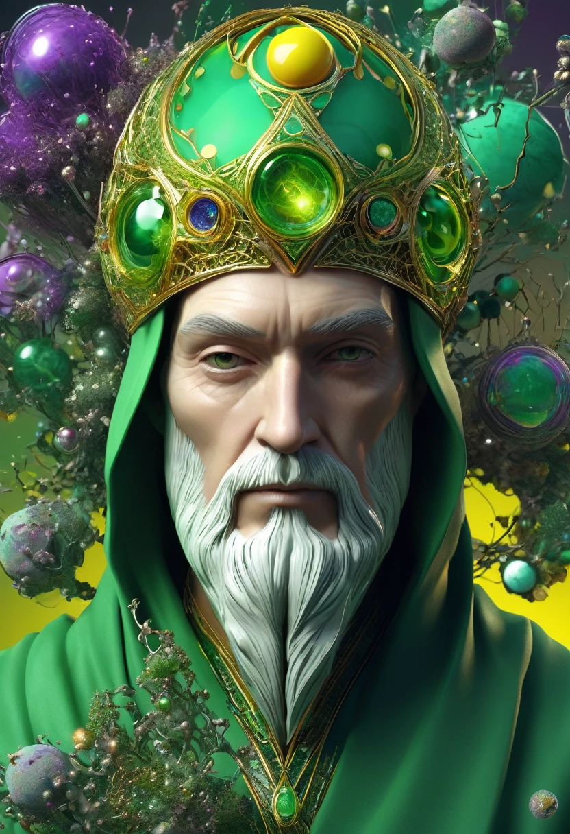 The Hermit, dressed in green yellowish,state grey,green gray and plum colour, intelligence of will, the Prophet of Eternal, the Magus of the Voice of Power, Virgo,1÷10×√(50)×tan(78)+125^(2)÷√(8.888), fractal,organic matter, cellular colony, deep wiew,4k resolution,hyperdetailed, masterpiece, 3d modelling, abstract art, digital art