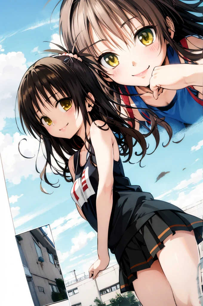 yuuki mikan,yellow tank top, miniskirt, smile,, (best quality:1.3),1girl,
