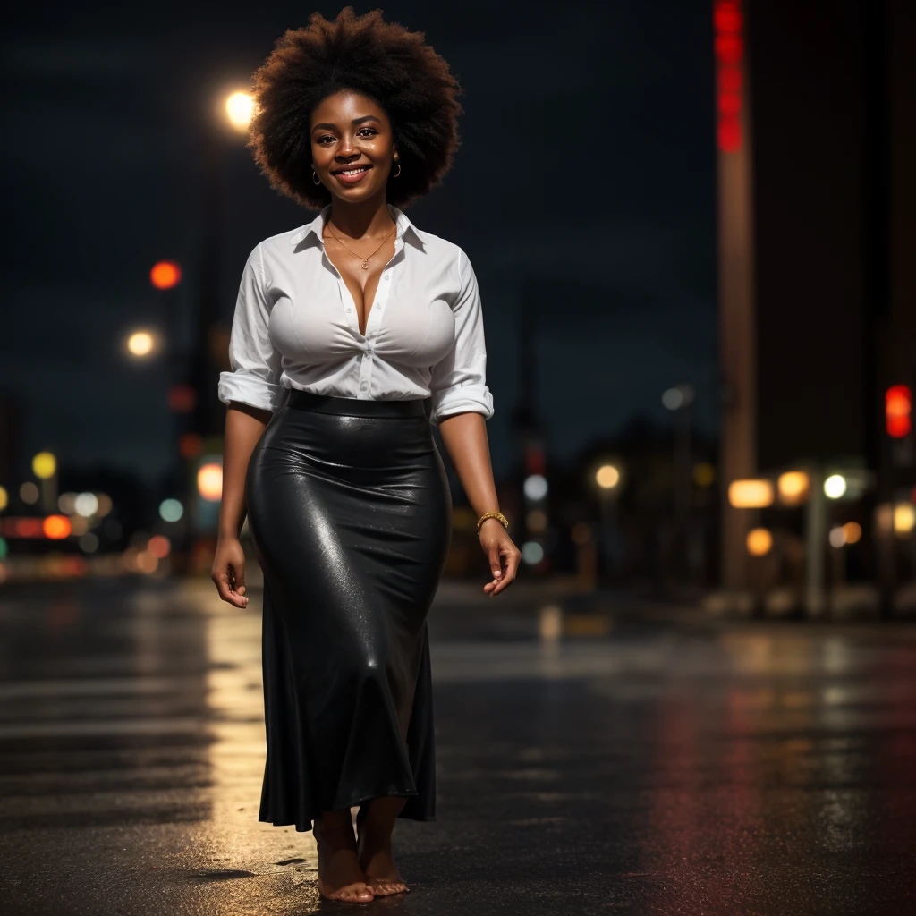 ((ONE GIRL)). best quality, ultra-detailed, hyper realistic, 8k, full body shot, 23 years old, Nigerian beautiful girl, round shaped face, dark black skin, highly detailed skin with blemishes, ebony, dark natural afro hair, fit athletic figure, full body, big natural E cup breasts, big butt, wide hips, under the rain, wearing a sexy wet shirt, loose long skirt, cleavage, wet skin, smiling, in the city streets in the afternoon