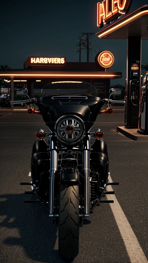 A matte black customized lowrider Harley Davidson fatboy parked at a gas station on Route 66. Photorealistic, insane details, highly detailed, evening time, dramatic, Hollywood style, movie style, unreal engine render, cinema 4D, Octane Render, Amazing