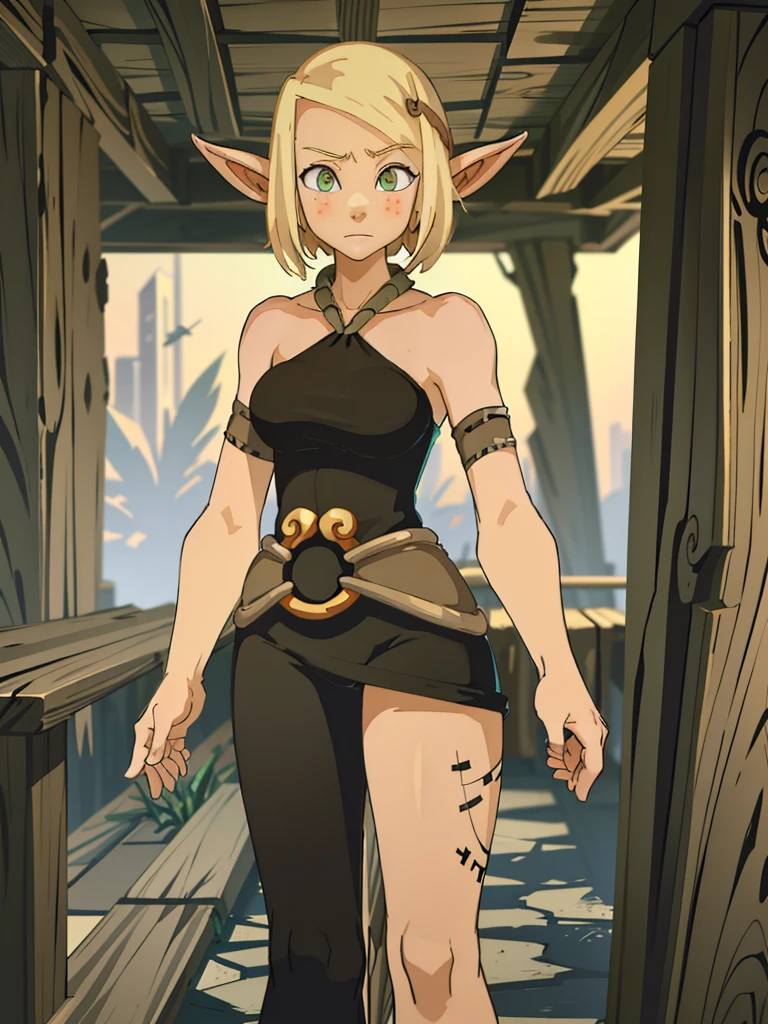 blond short hair ,(best quality), (ultra detailed),(disheveled hair),(illustration), (1girl), (Fashionable clothing), standing, Fashion model, masterpiece, best quality, bow, elf girl, strong abs