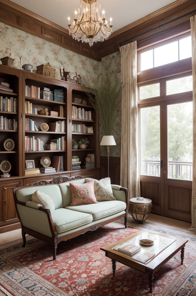 Create a room with these characteristics: walls are covered in a vintage floral wallpaper, contrasting with modern, minimalist furniture with clean lines. No centro do quarto, a colorful and intricate Persian rug adds a dose of exoticism, while a Scandinavian design armchair offers a touch of warmth and elegance. A rustic bookshelf displays an eclectic collection of old books and curious objects from different eras. The lighting is soft and diffused, coming from a combination of ornate chandeliers and industrial lighting fixtures. Large windows let in plenty of natural light, highlighting contemporary artworks on the walls. To bed, with elaborate baroque canopy, is covered with a bohemian quilt in vibrant tones. Ethnic pillows and a plush throw complete the cozy, luxurious look..